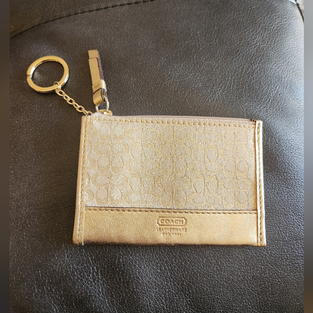 Coach Metallic Gold Signature Card Case with Key Ring
